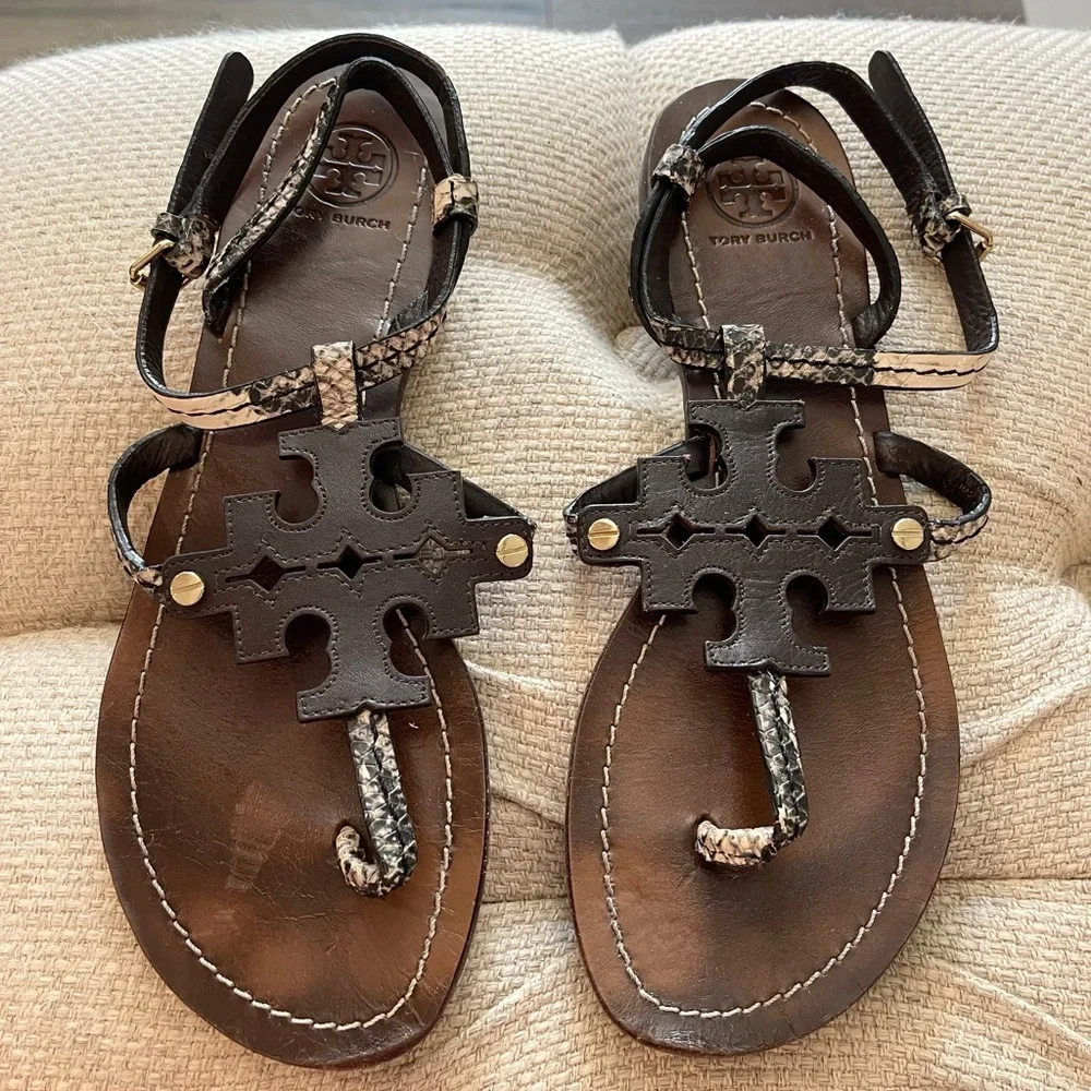 Tory Burch Brown Leather Miller T-Strap Sandals